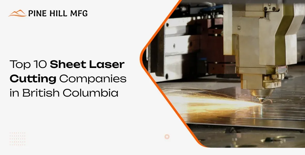 Sheet laser cutting machine cutting a steel sheet with sparks at a British Columbia metal fabrication shop